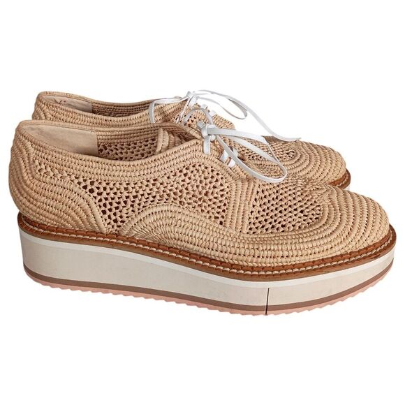 Robert Clergerie Shoes 10.5 Womens Beige Lisa Raffia Oxford Wedge Almond Toe Low - Picture 5 of 9